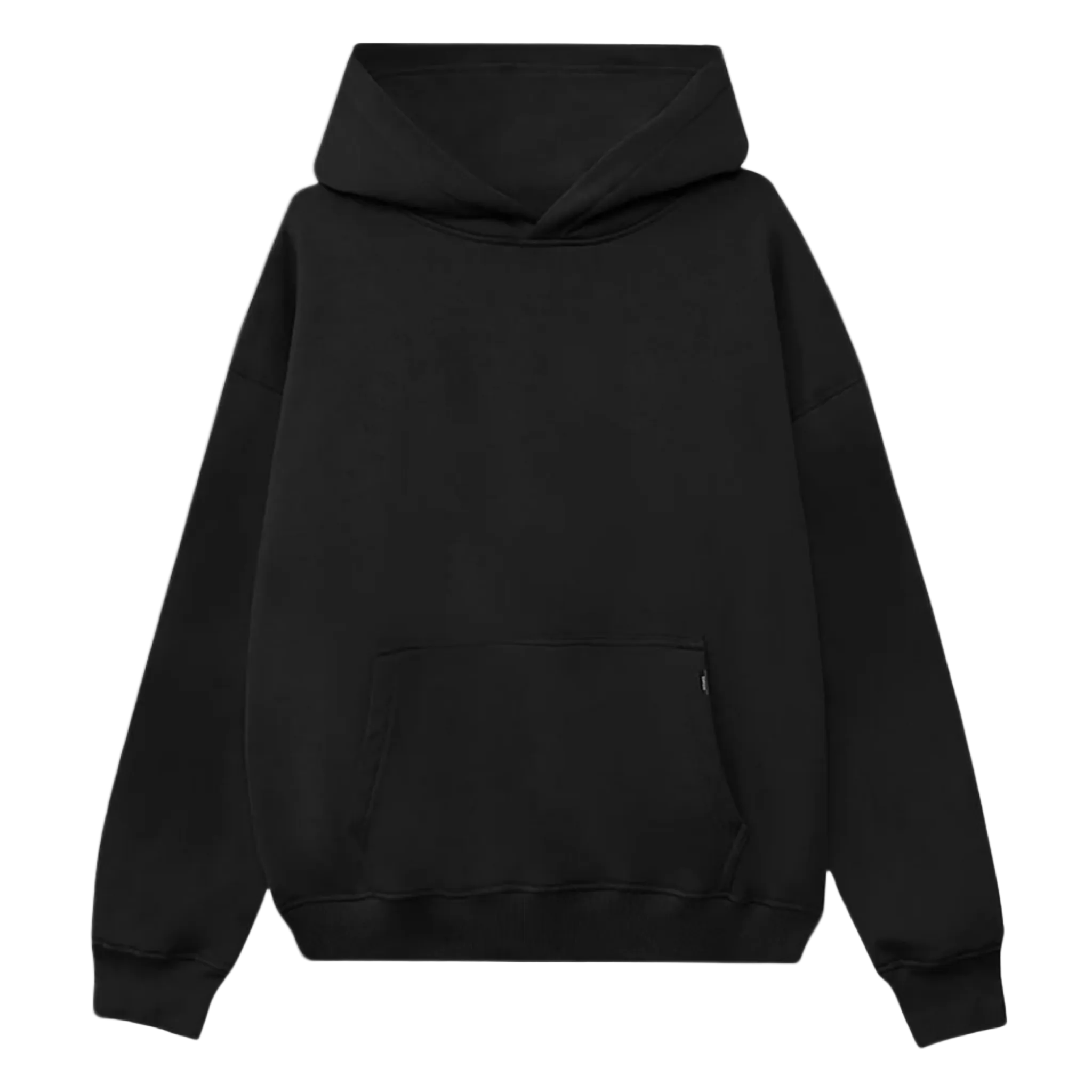 Black pullover hoodie with kangaroo pocket and drawstrings, full length view on white background"