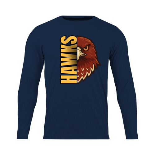 Navy blue long-sleeve shirt with an eagle graphic and 'HAWKS' text on a white background