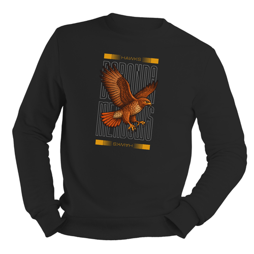 Black sweatshirt with a hawk graphic and text on a white background