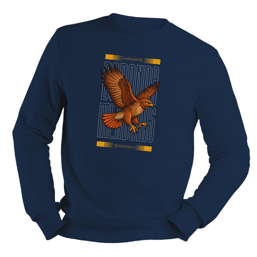 Navy sweatshirt with a hawk graphic and text on a white background