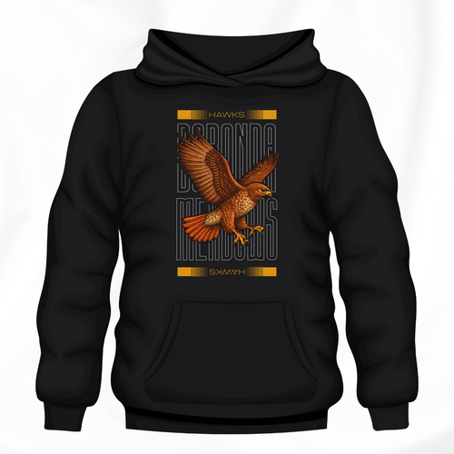 Black hoodie with a hawk design on a white background