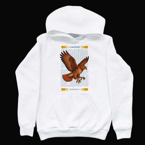 White hoodie with a hawk graphic and text on a black background